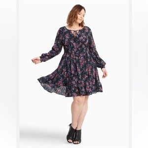 Torrid Black Floral Formal Longsleeve Purple Pink Blue Smocked Waist Flowy Dress
